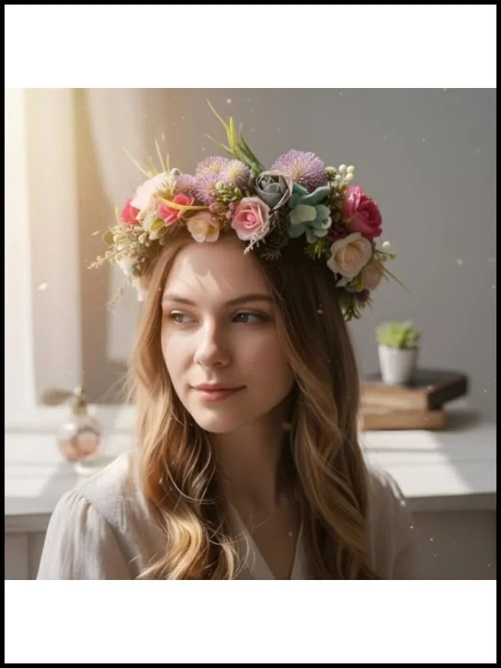 Artificial Flower Crown Headpiece with Adjustable Ribbon, Handmade Forest Fairy